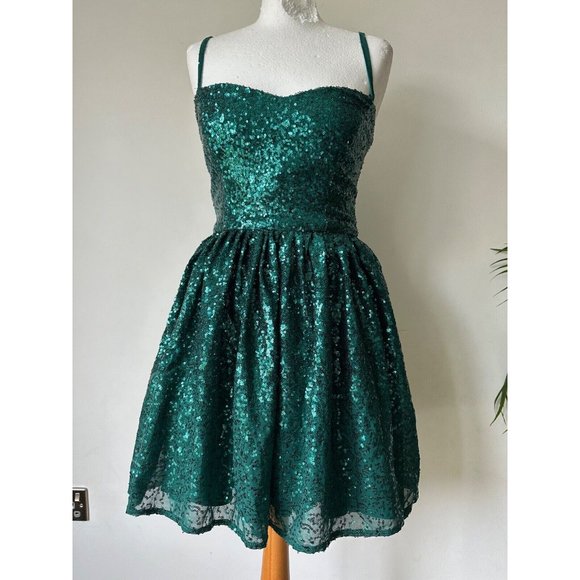 Stephanie Pratt Dresses & Skirts - Stephanie Pratt  Sequin Mesh Insert Mini Skater Dress Size 10 Emerald